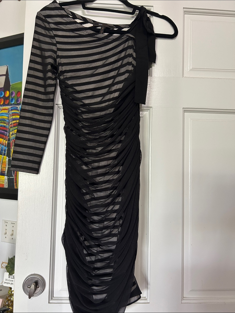 BCBGMaxAzria Black and Gray One-Shoulder Ruched Dress